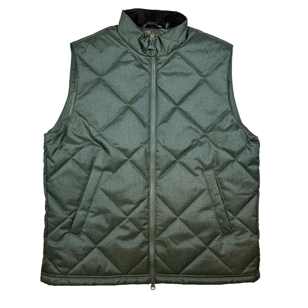 Barbour Finn Gilet Men's L Olive Green Quilted Vest Full Zip Corduroy Collar